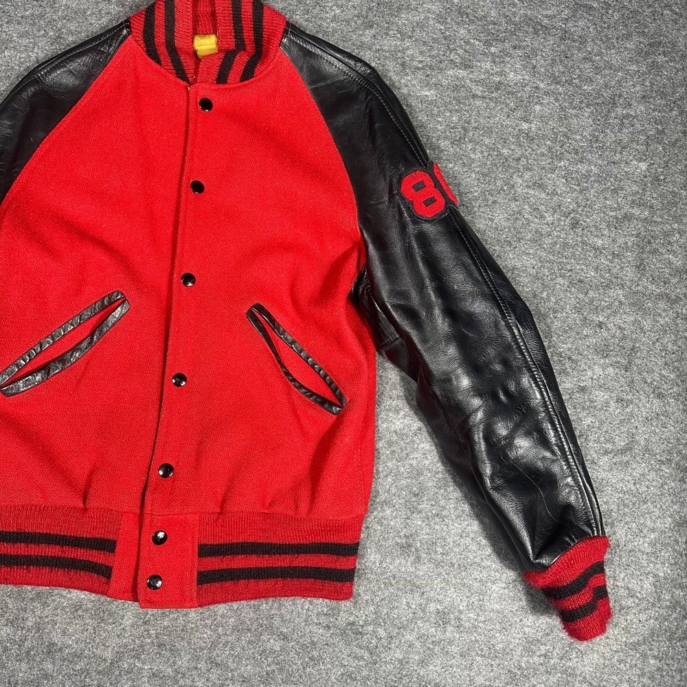 Rare Vintage 80s Kaye Bros Varsity Jacket Red Wool Leather Mens 36 Sikeston - Picture 12 of 16